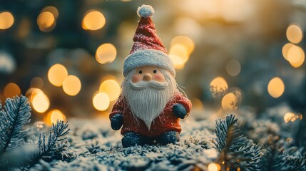 Obraz premium Cute santa claus figurine standing on snowy surface with christmas lights in background