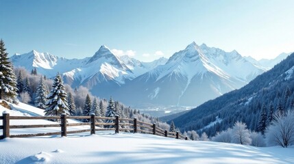 Fototapeta premium Serene Winter Landscape Featuring Snow-Covered Mountains and a Rustic Wooden Fence