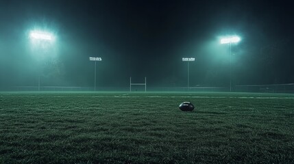 Night football field empty stadium lights landscape, illuminated sports ground foggy evening green grass game scene