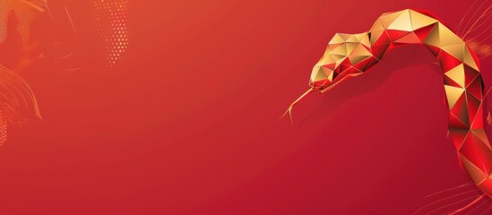 Chinese New Year lunar wide banner with origami-style geometric snake in gold and red tones, elegant minimalist design, curved shape on red background, golden accents, copy space for text.