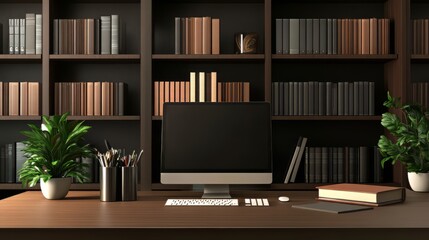 A neatly arranged office desk with a brown table background and on the table there are books, stationery and a keyboard.