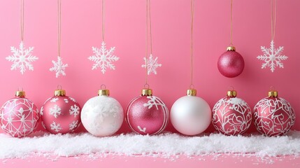 Obraz premium Pink christmas ornaments and snowflakes on pink background. Merry Christmas. Happy New Year