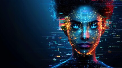 Futuristic Portrait of a Woman with Digital Technology Overlay and Bright Glowing Patterns Representing Artificial Intelligence and Data Visualization