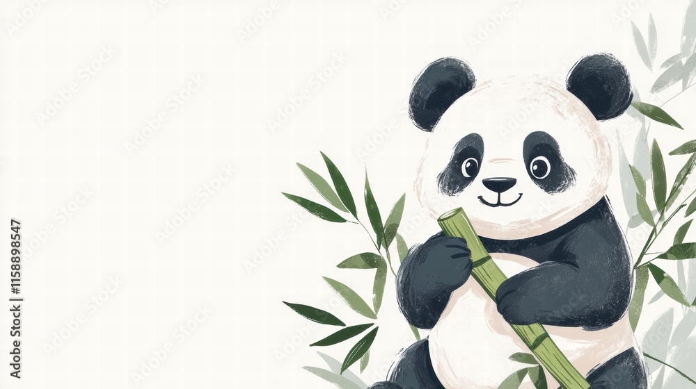 Poster Playful panda joyfully holding fresh bamboo with ample space for additional text and creativity. Generative AI