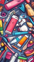 Obraz premium A colorful arrangement of various art supplies and tools scattered across a surface.