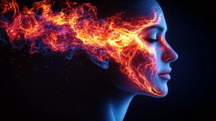 Ethereal Woman with Flames and Fire Elements Creating a Visually Striking Contrast in a Dark Background for Artistic and Conceptual Uses