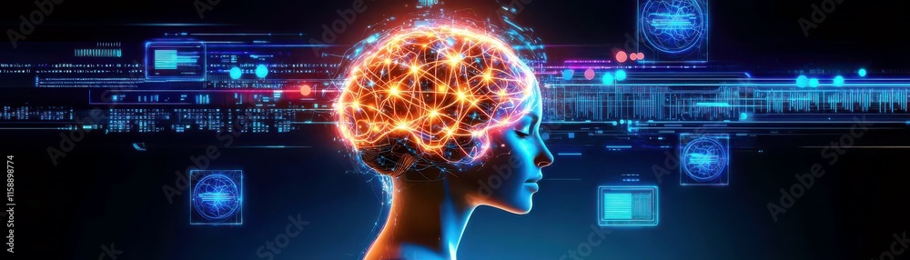 Poster abstract representation of a human brain with neural connections and digital data overlay demonstrat