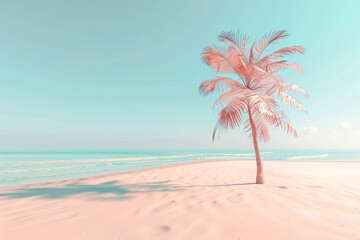 Fototapeta premium A solitary pastel-colored palm tree on a serene beach with calm waves and a soft, dreamy sky.