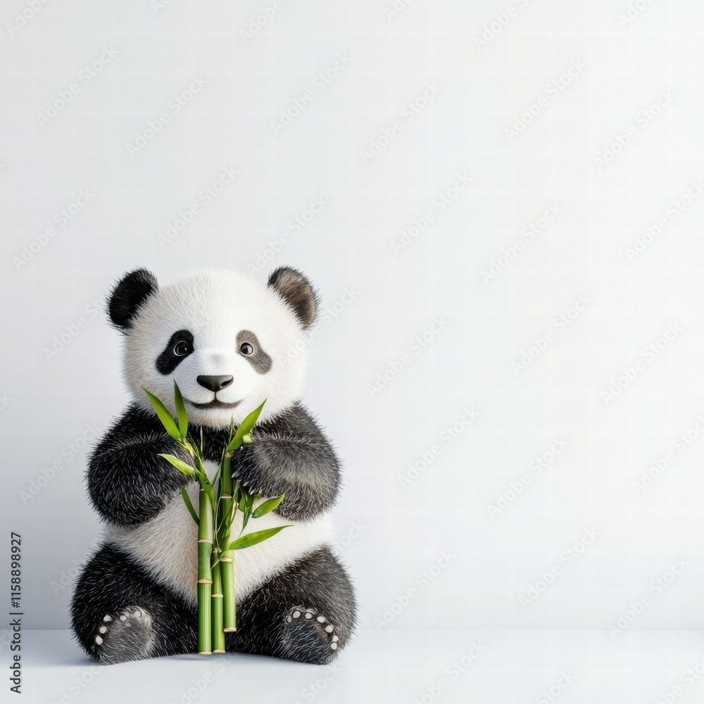 Poster Panda happily holding bamboo in an indoor space with ample copy space for additional text. Generative AI
