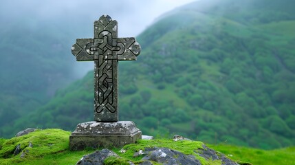 Celtic Cross Standing Alone on a Foggy Hill Amidst Green Landscape