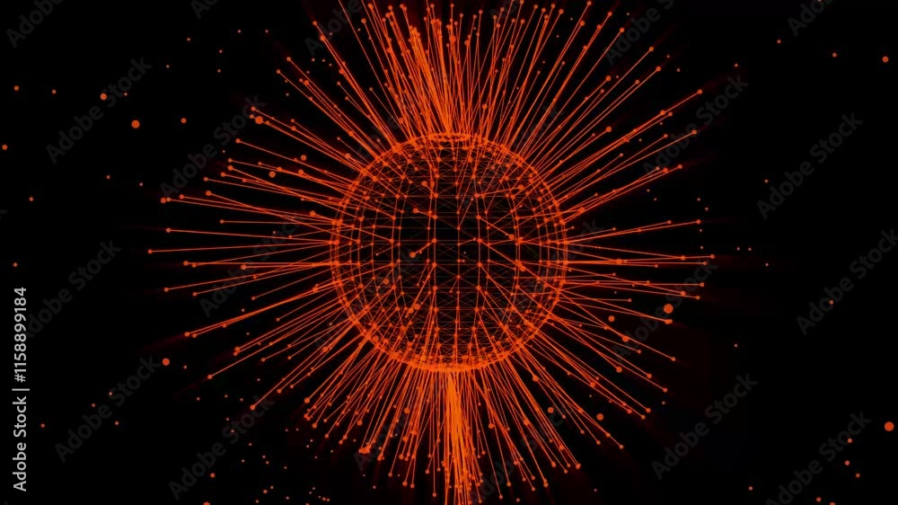Poster sphere of connected nodes. red sphere geometry background with a rotating globe. rotating sphere as 