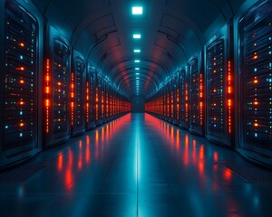 Futuristic server room corridor with glowing racks.