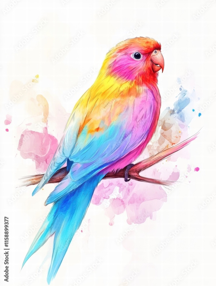 Fototapete bright colored parrot illustration perched on a branch with ample copy space for text or design elem