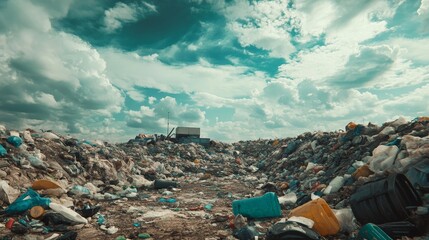 Piles of Trash Under Dramatic Cloudy Sky, Landfill with Plastic Waste, Environmental Pollution Concept, Vast Junkyard Scene