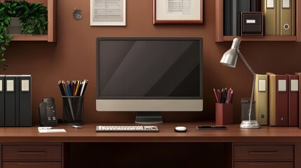 A neatly arranged office desk with a brown table background and on the table there are books, stationery and a keyboard.