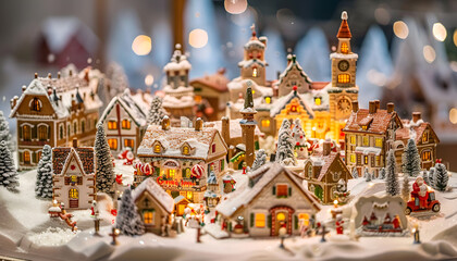 Obraz premium Christmas Market Goods Nearby. Snow globe, candles, gingerbread houses, Santa Claus toys