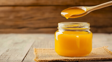 Ghee is being scooped with a wooden spoon from a clean glass jar set against a rustic wooden backdrop