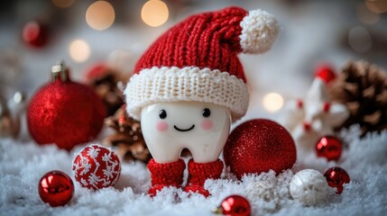 Tooth character in santa hat amidst festive winter decorations. Merry Christmas. Happy New Year