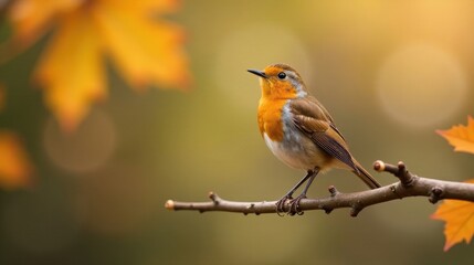 A small, vibrant bird perched on a slender branch, amidst a bokeh of autumnal foliage