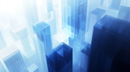 Futuristic cityscape in blue hues, geometric shapes and glowing structures, abstract urban background art