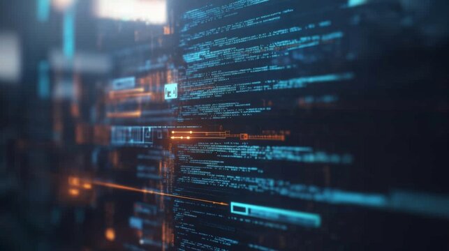 Close-up of a computer screen showing software update notification with progress bar, blurred code and technical icons, symbolizing software maintenance and security.	