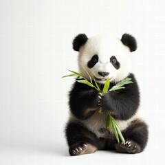 Naklejka premium Cute panda joyfully holding bamboo with space for additional text or information. Generative AI