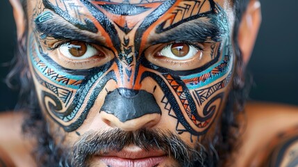 Naklejka premium Close-Up Portrait of a Man with Intricate Tribal Face Tattoo Design