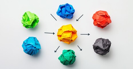 Colorful crumpled paper balls arranged in a circular pattern, with arrows pointing towards a central yellow ball, representing connection and collaboration.