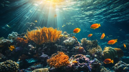 Naklejka premium Underwater Coral Reef with Colorful Fish, Sunlight Beams through Water, Vibrant Ocean Scene