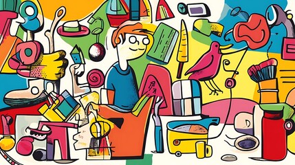 A colorful illustration featuring a boy surrounded by various playful objects and animals.