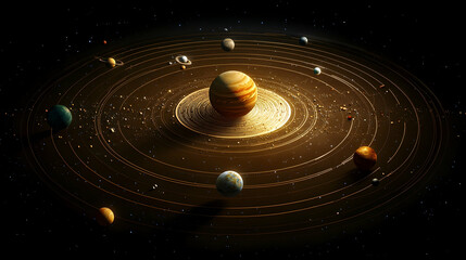 Obraz premium A detailed 3D rendering of the solar system, showing the planets orbiting the sun.