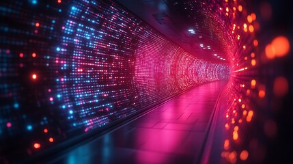 Futuristic data tunnel with glowing binary code walls.