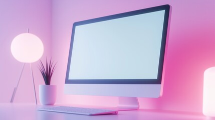 Trendy workplace with computer monitor mockup. Stylish home office with modern pc display and lamp template advertising image. Digital screen mock up product photorealistic