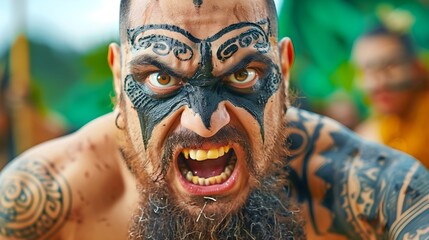 Fototapeta premium Intense Warrior With Face Tattoo and Tribal Body Art Displaying Emotion