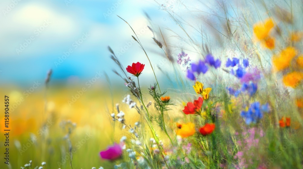 Poster an abstract arrangement of multicolored wildflowers against a blurred background of meadow and sky, 