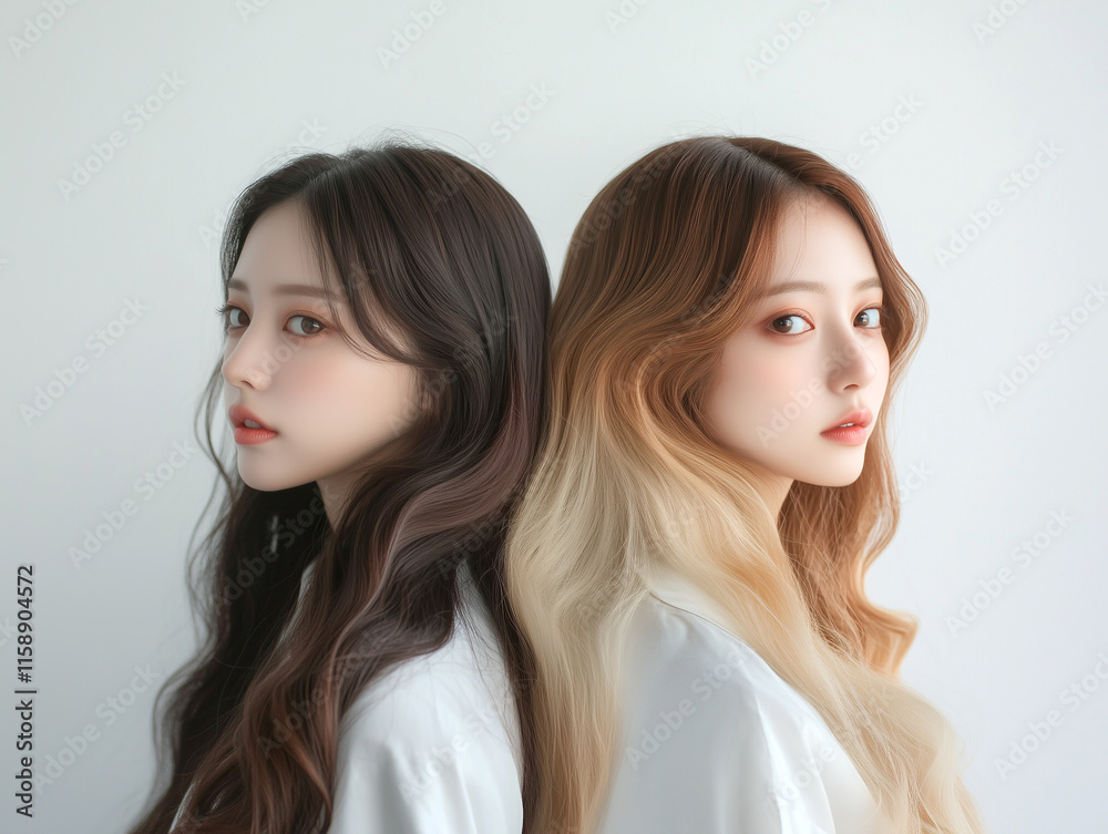 Aufkleber 若くてかわいいアジア人女性2人が並んでいる。綺麗なカラーリングのロングヘアが美しい、ヘアケアやファッションの撮影イメージ。