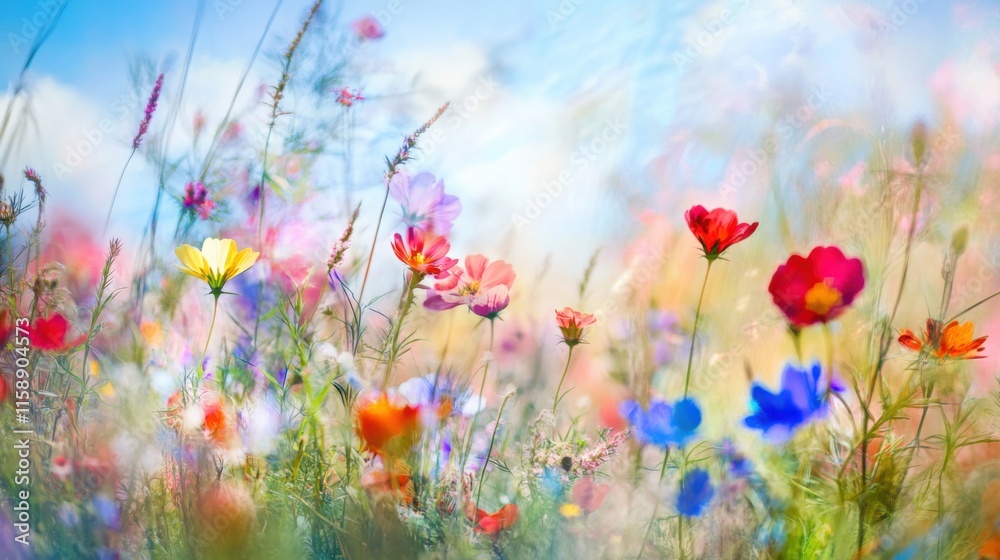 Poster an abstract arrangement of multicolored wildflowers against a blurred background of meadow and sky, 