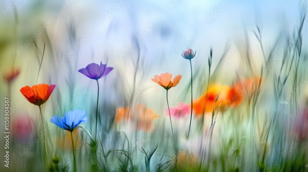 Poster an abstract arrangement of multicolored wildflowers against a blurred background of meadow and sky, 