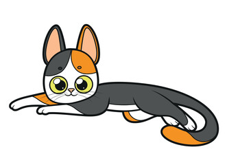 Fototapeta premium Cute cartoon spotted kitten lying stretched out to his full height lucky three-suit color on white background