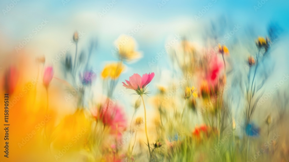 Poster an abstract composition of multicolored wildflowers against a blurred background of meadow and sky, 