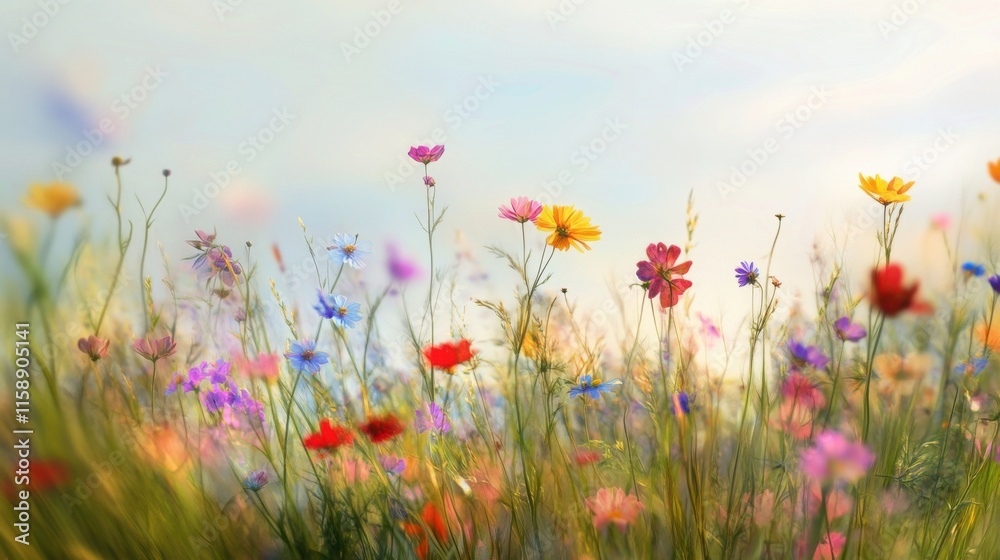 Poster an abstract composition of multicolored wildflowers against a blurred background of meadow and sky, 