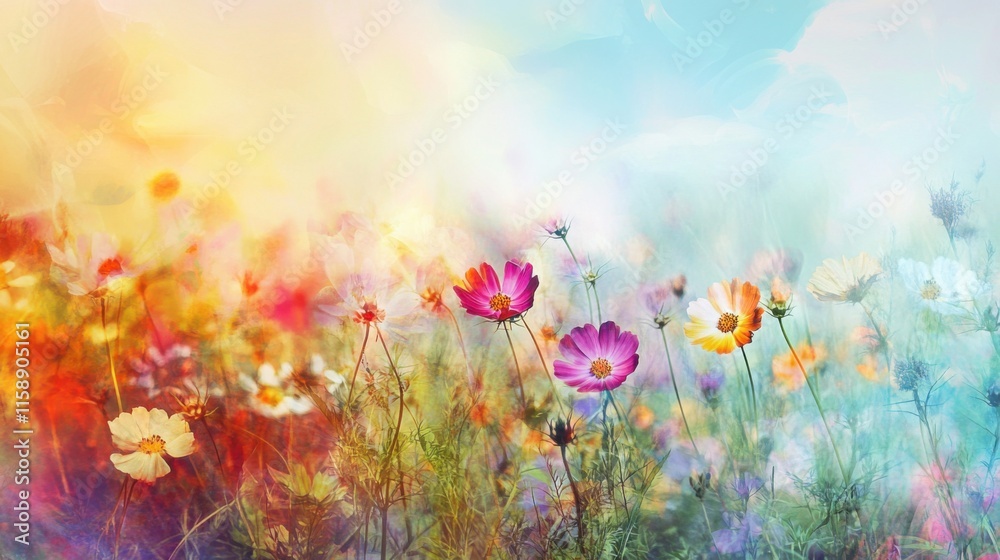Poster an abstract composition of multicolored wildflowers against a blurred background of meadow and sky, 