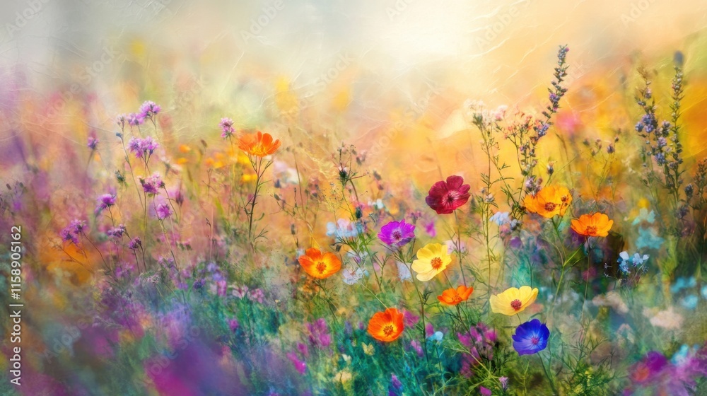 Poster an abstract composition of multicolored wildflowers against a blurred background of meadow and sky, 