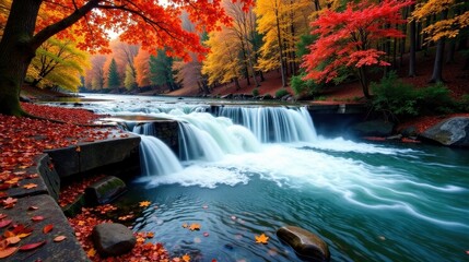 Autumnal Waterfall Scene Serene Cascade Through Vibrant Foliage