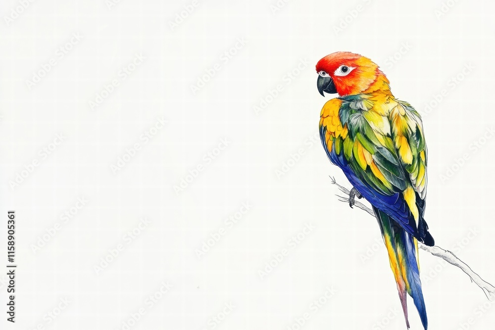 Fototapete bright parrot illustrated perched on a branch with ample copy space for text and design elements. ge