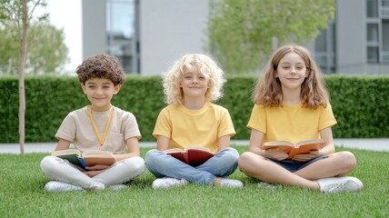 Fototapeta premium Back to school concept. Photo of a diverse group of children sitting on grass outdoors, reading books together