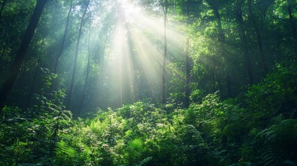Verdant forest sunlight, lush greenery forest scene, nature landscape photo print, tranquil forest light rays
