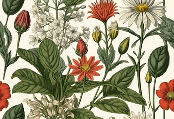 Vibrant collection of hand-drawn flowers with intricate details showcasing various species and colors against a light background