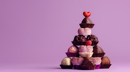 Pyramid of heart-decorated chocolates for valentines day on a purple background with copyspace