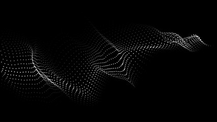 Wave of flowing particles on dark background. Abstract backdrop with dynamic elements of waves and dots. Vector